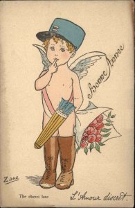 Zane French Birthday Cupid Nude Delivery Boy in Hat and Boots Vintage Postcard