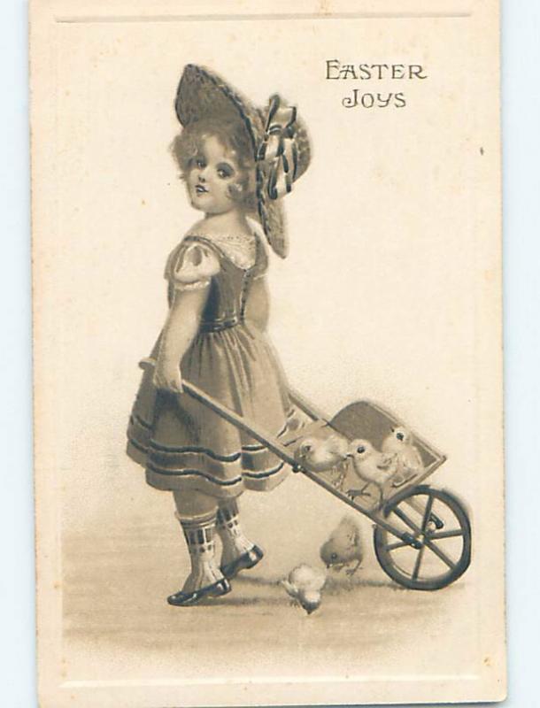 Pre-Linen easter CUTE GIRL PULLS CHICKS ON LITTLE WHEELBARROW HL1003