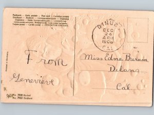 c1908 Merry Christmas Santa Claus Maroon Robe Ornaments Tree Embossed Dinuba CA