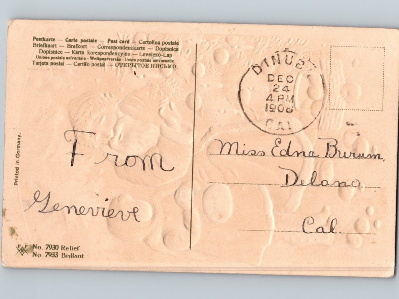 c1908 Merry Christmas Santa Claus Maroon Robe Ornaments Tree Embossed Dinuba CA