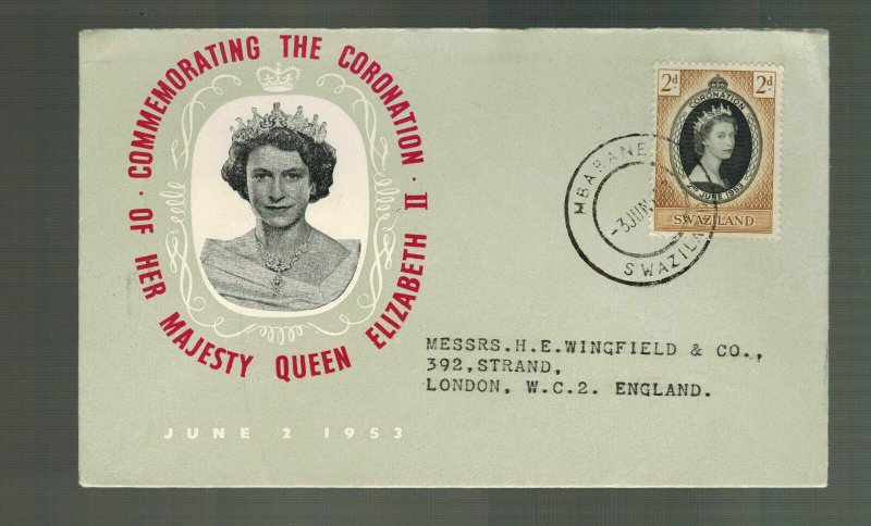 1953 Swaziland Coronation to England first day cover QE2 Queen Elizabeth II  FDC