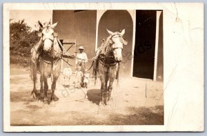 K16/ Interesting RPPC Postcard c1910 Children Horse Team Farmer Barn 537