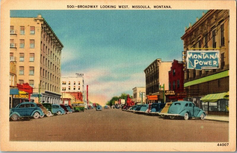 View of Broadway Looking West, Missoula MT Vintage Postcard G49