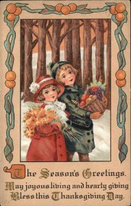 Thanksgiving Little Girl and Boy on Winter Walk c1910 Vintage Postcard