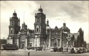 Mexico City Cathedral Trolley Bus Cars Real Photo Postcard - 1950 Used