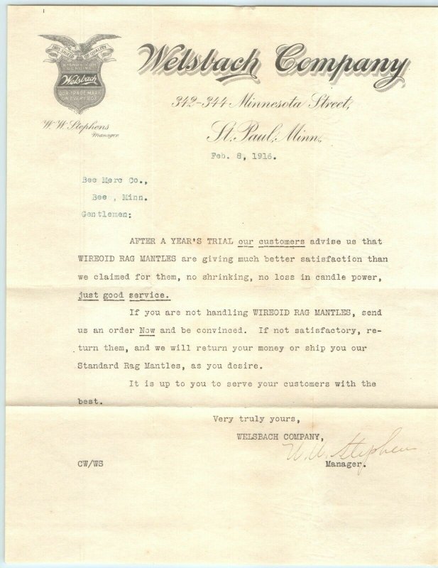 1916 St Paul, MN Welsbach Company Letterhead Advertising Letter Mantle Bee MN R1