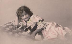 Child Cuddling Fluffy Cat On Bed Antique Real Photo Postcard