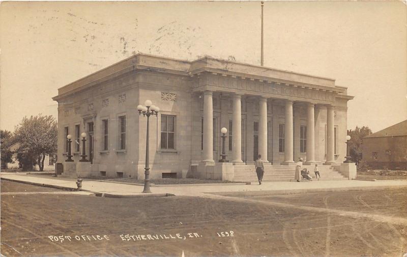 Estherville Iowa~US Post Office~Lady Pushing Baby Carriage~Boy on Step~1916 RPPC