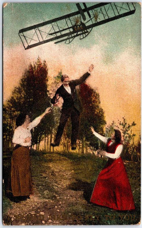 Two Women and a Man Jump with Wright Brothers Plane  - Vintage Postcard