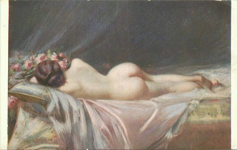 C-1910 Sexy reclining risque on bed Woman interior roses Postcard 20-7651