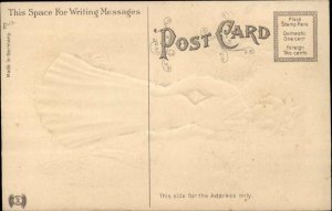 Pretty Woman in Red w Pennant Flag EMBOSSED c1910 Postcard