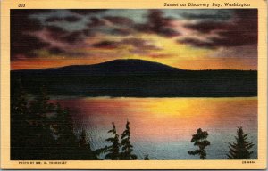 Vtg 1940s Sunset on Discovery Bay Washington WA Linen Postcard