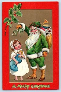 Christmas Postcard Santa Claus Green Robe Gave Doll Toy To Little Girl Mistletoe