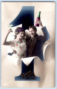 1913 RPPC BONNE ANNE HAPPY NEW YEAR COUPLE TROMPE L'OEIL HAND COLORED POSTCARD