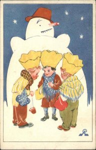 Art Deco Little Boys Giant Snowman Fantasy Vintage Postcard