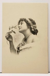 Beautiful Woman Smelling the Roses Printed Photo Postcard G17