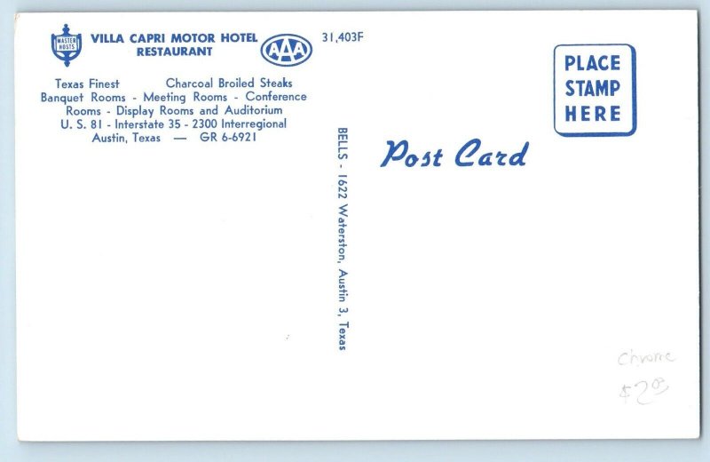 Austin Texas Postcard Villa Capri Motor Hotel Restaurant c1960 Vintage Antique