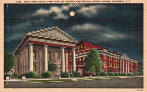 Vintage Postcard 1930's Night First Baptist Church & School Rooms Columbia SC