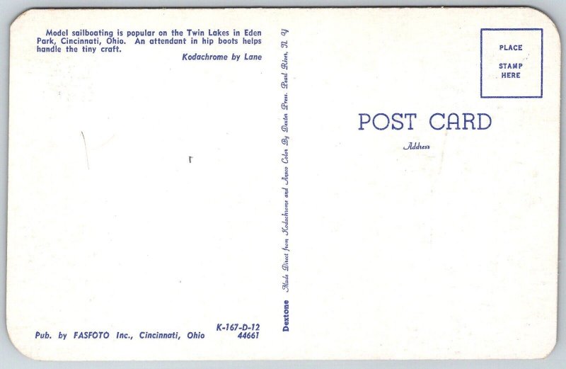 Cincinnati Ohio 1950s Postcard Model Sailboating On Twin Lakes Eden Park