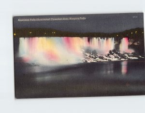 Postcard American Falls Illuminated Canadian Side Niagara Falls New York USA