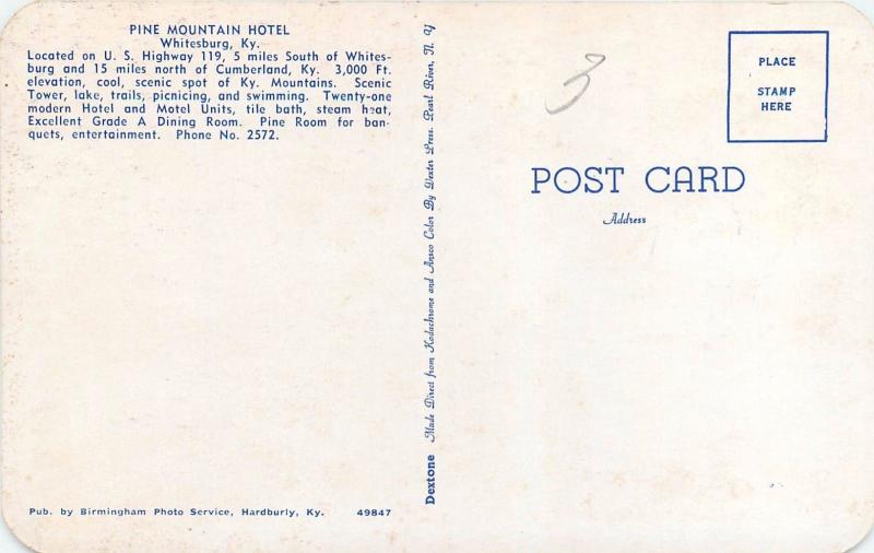 Pine Mountain Hotel Whitesburg Kentucky KY Postcard
