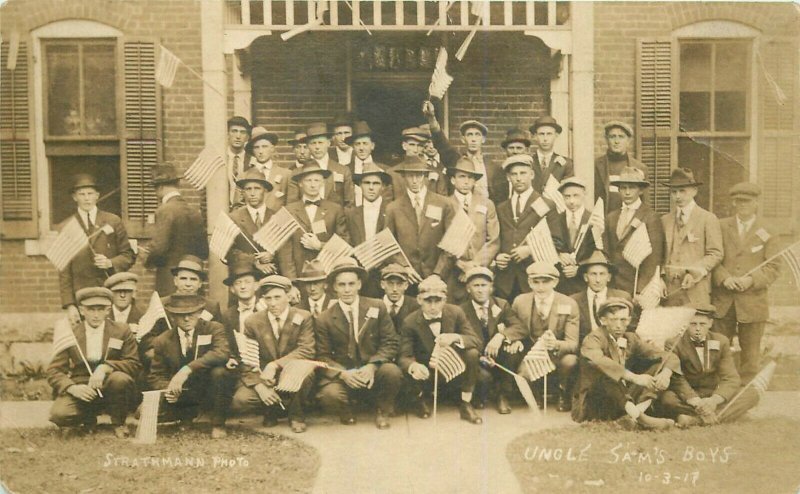1917 Patriotic Uncle Sams Boys Flags  RPPC Group Photo Postcard