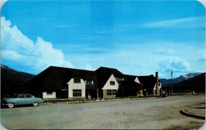 Postcard AB Jasper Canadian National Railway Station Classic Car 1950s S105