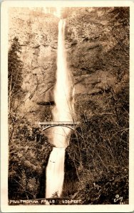 RPPC Multnomah Falls in Winter Dress w Footbridge Columbia River Oregon