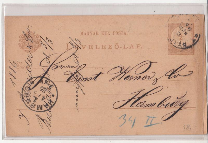 Advertising J. Schneider & Co. correspondence post card Hungary 1886 to Hamburg