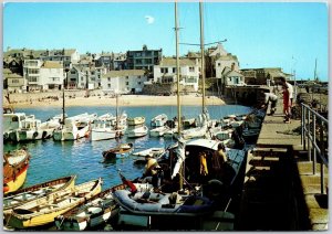 St. Ives Harbour From Smeaton's Pier Crowded Housing Beaches Boating Postcard