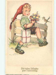 foreign Old Postcard signed GERMAN BOY CARRIES GIFT PACKAGE AC2499