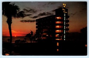LIDO BEACH, Sarasota Florida FL ~ Roadside THREE CROWNS HOTEL Sunset Postcard