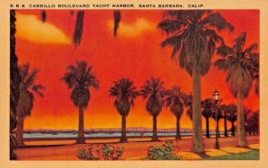 SANTA BARBARA CA~CABRILLO BOULEVARD YACHT HARBOR-SUNSET VIEW~1940s POSTCARD