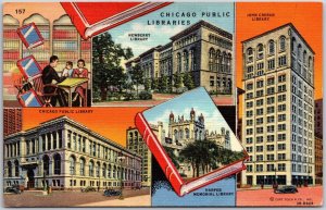 Chicago Illinois, Four Public Libraries, Newberry, Harper, John Crerar, Postcard