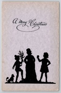 Christmas Greetings Silhouette Children And Snowman Dog German Postcard N22