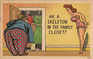 marital woes postcard: Ah, a Skeleton in the Family Closet!