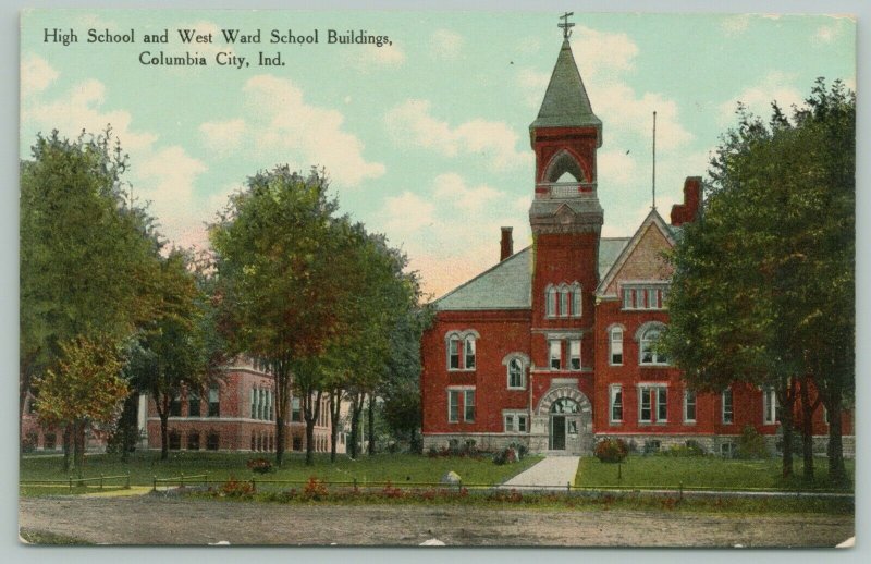 Columbia City Indiana~Rch Door Open @ High School & West Ward~Flagpole~c1910