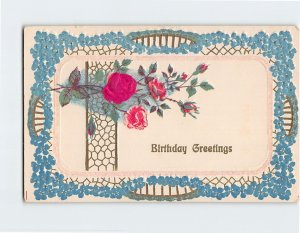 Postcard Birthday Greetings with Roses Flowers Embossed Art Print