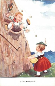 Bavarian types children couple comic caricature postcard Germany climbing fall 