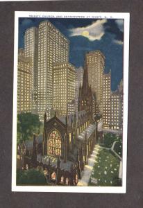 NY Trinity Church Skyscrapers Night New York City NYC Postcard