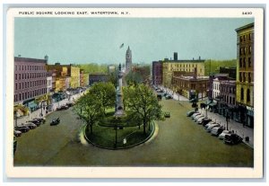 c1920 Public Square Looking East Classic Cars Statue Watertown New York Postcard