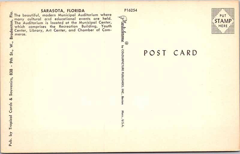 Postcard BUILDING SCENE Sarasota Florida FL AK1840