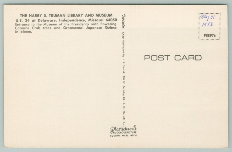 Independence Missouri~Harry Truman Library & Musuem~Standard Chrome Postcard
