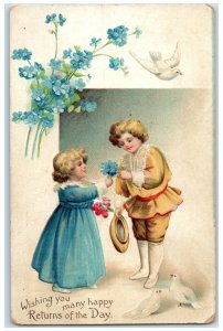 c1910's Returns Of The Day Children Flowers Dove Clapsaddle Embossed Postcard