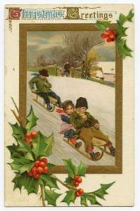 Children Sledding Early 1900's christmas Postcard