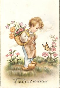 Boy carrying a basket with flowers  Lovely vintage Spanish artist signed PC