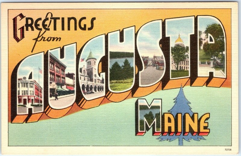 c1940s Augusta, ME Greetings Linen Tichnor Bros Postcard 3D Letters Art Vtg A114