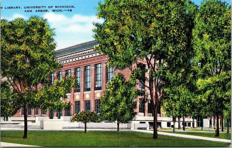 W Library University Michigan Ann Arbor MI Linen Postcard VTG UNP Unused Vintage 