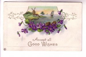 Best Wishes Greeting Postcard Windmill, Sailboat, Violets