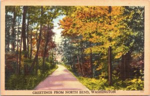 Postcard WA Greetings from North Bend Shady Woods Tichnor LINEN 1940s V206